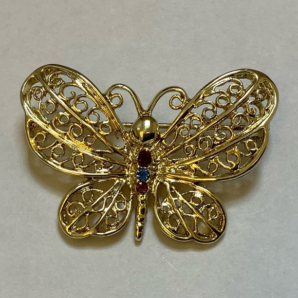 Danecraft Jeweled Gold Toned Butterfly Brooch - Picture 8 of 8